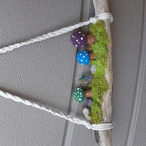 Mushroom hanger with crystals and moss